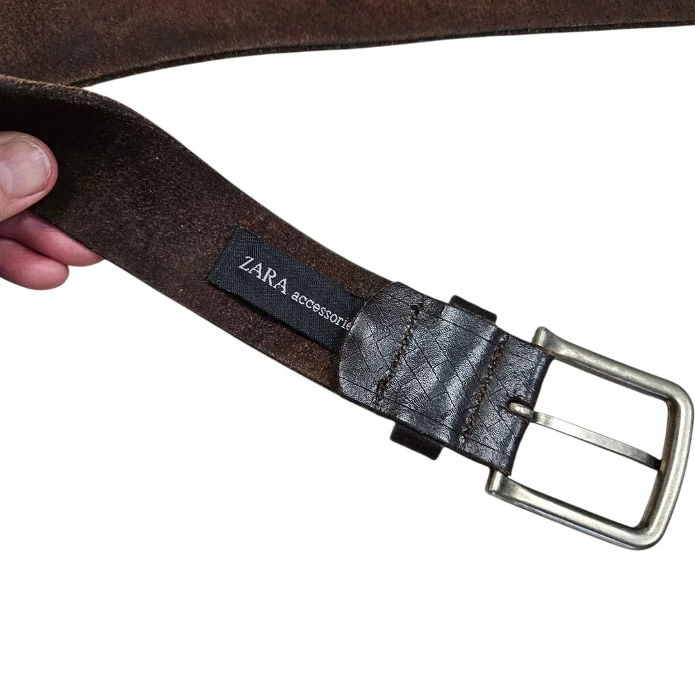 Zara Leather Belt Mens 32‎ Dark Brown Textured Embossed Casual Rugged Style